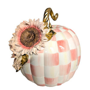 MacKenzie Childs Rosy Check Pumpkin Pink Sunflower - 13" Large, Gold Accents